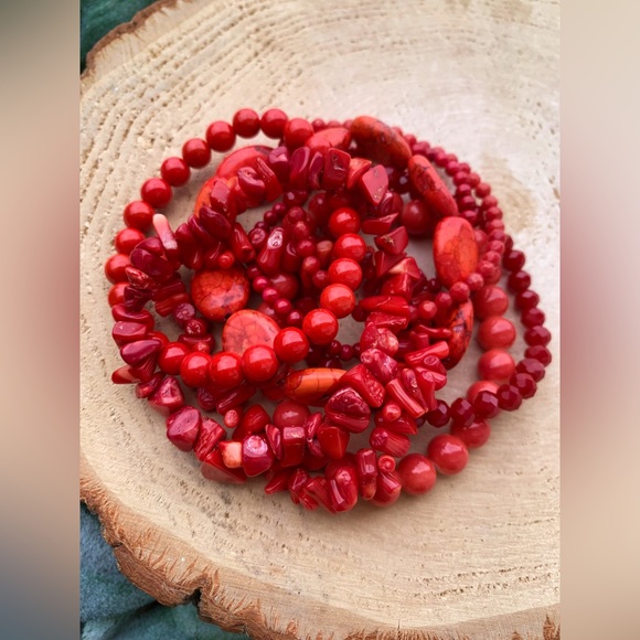 Natural Red Bamboo Coral & Genuine Jasper Gemstone Mixed Beads Bracelet Stack - Picture 11 of 11